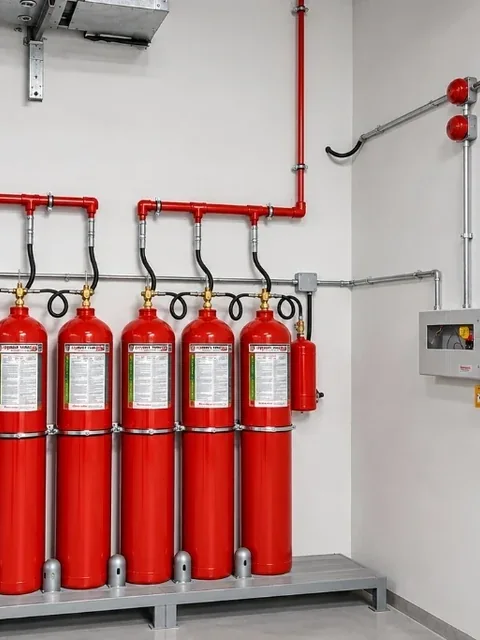 CO₂ karbondioksit gazlı yangın söndürme silindirleri ve kontrol paneli